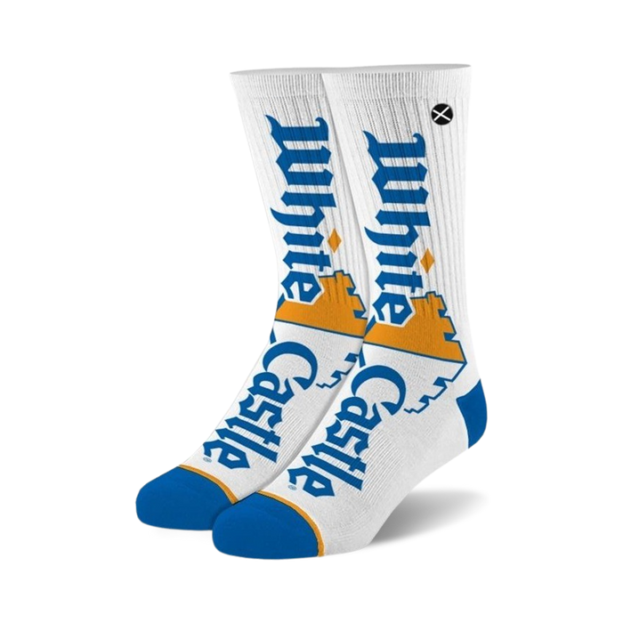 white castle big logo crew socks in blue and yellow for men and women. the socks feature the white castle logo.    }}