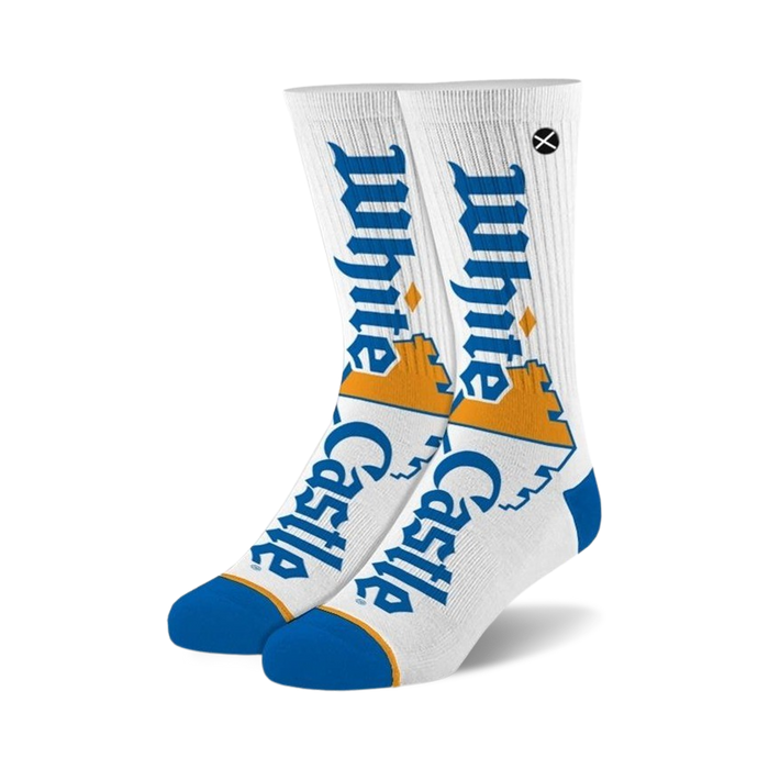 Pair of White Castle crew socks. White background with large blue and orange White Castle logo. }}
