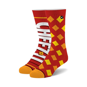Pair of crew socks in red and orange. One sock features the Cheez-It logo, the other has a Cheez-It cracker pattern.