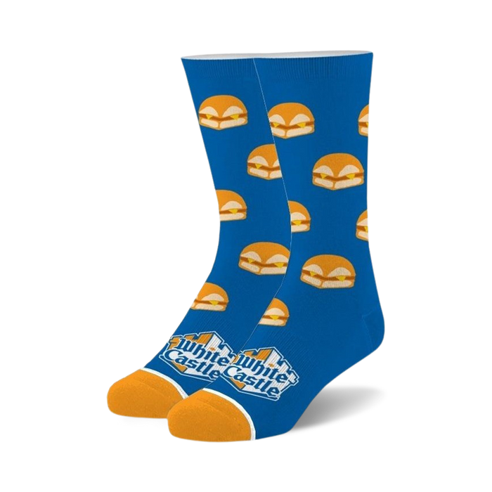 Pair of blue crew socks with a pattern of White Castle burgers. The socks have orange and white accents at the cuffs. }}