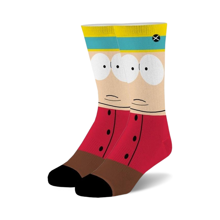 Pair of crew socks depicting Eric Cartman from South Park. Features his face, red shirt, and brown pants in cream, red, brown, and teal. }}