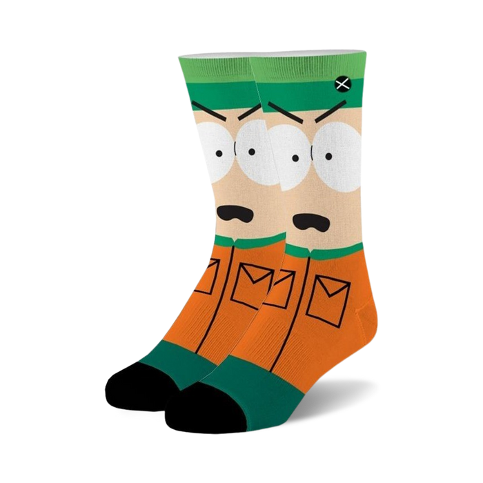 Pair of crew socks featuring Kyle Broflovski's face. The socks are orange and teal with a graphic of Kyle's face and parka. }}