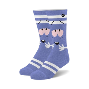 Pair of blue crew socks with a South Park Towelie design. White stripes accent the light blue background featuring Towelie's face.