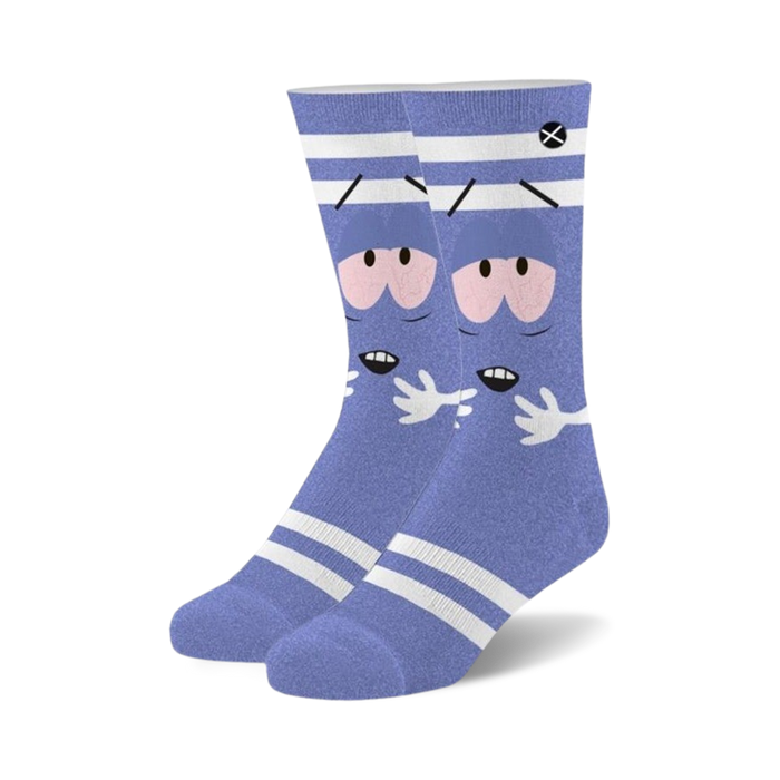 Pair of blue crew socks with a South Park Towelie design. White stripes accent the light blue background featuring Towelie's face.