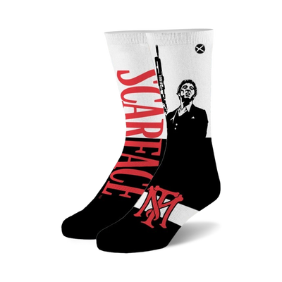 Black and white crew socks featuring Al Pacino from Scarface, a red 'Scarface' graphic, and a red and white 'NY' logo.