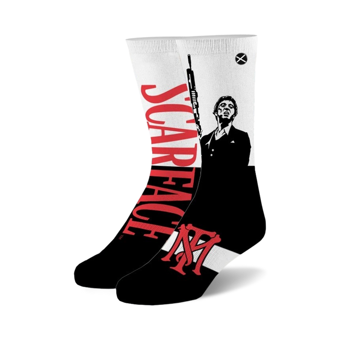 Black and white crew socks featuring Al Pacino from Scarface, a red 'Scarface' graphic, and a red and white 'NY' logo. }}