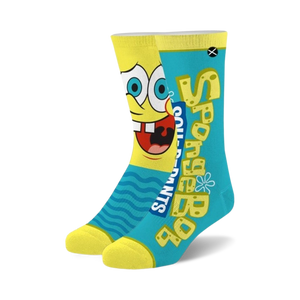Crew socks in yellow and teal featuring a large Spongebob Squarepants graphic and text.