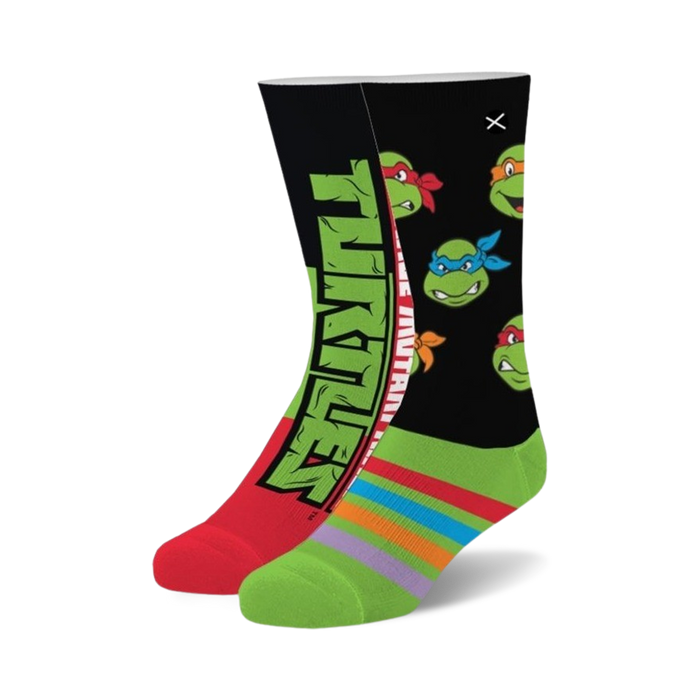 Crew socks with Teenage Mutant Ninja Turtles faces and logo. Red, green, and black color scheme. }}