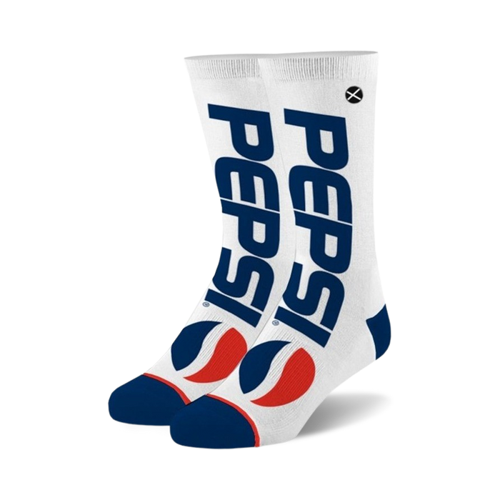 pepsi cool socks: white crew socks for men and women with blue toe and heel, red and white striped cuff, pepsi text and logo knit in.   }}