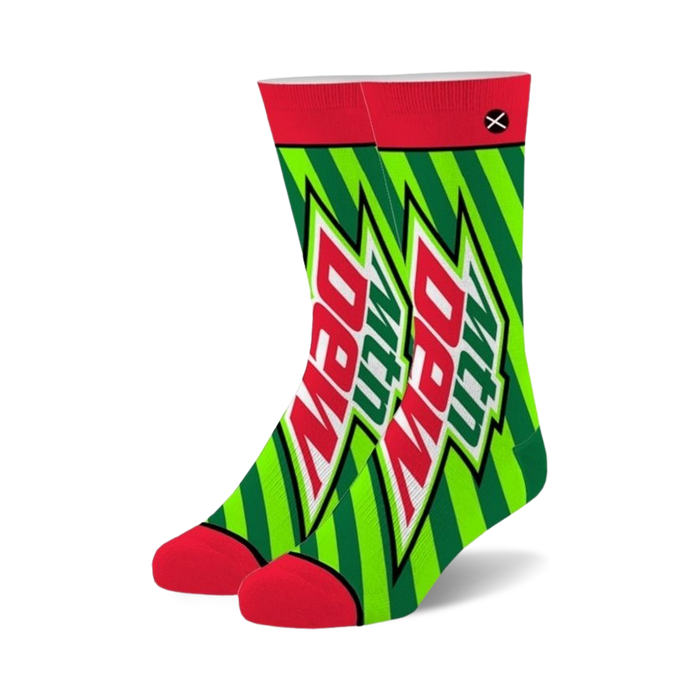 mountain dew just dew it crew socks in green with red toe, heel, and top. white and green striped pattern with mountain dew logo.   }}