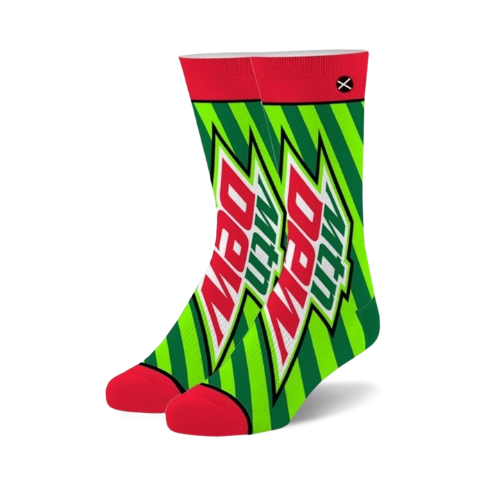 Pair of crew socks featuring a vibrant green and red Mountain Dew 'Do the Dew' design. Striped background with bold logo. }}