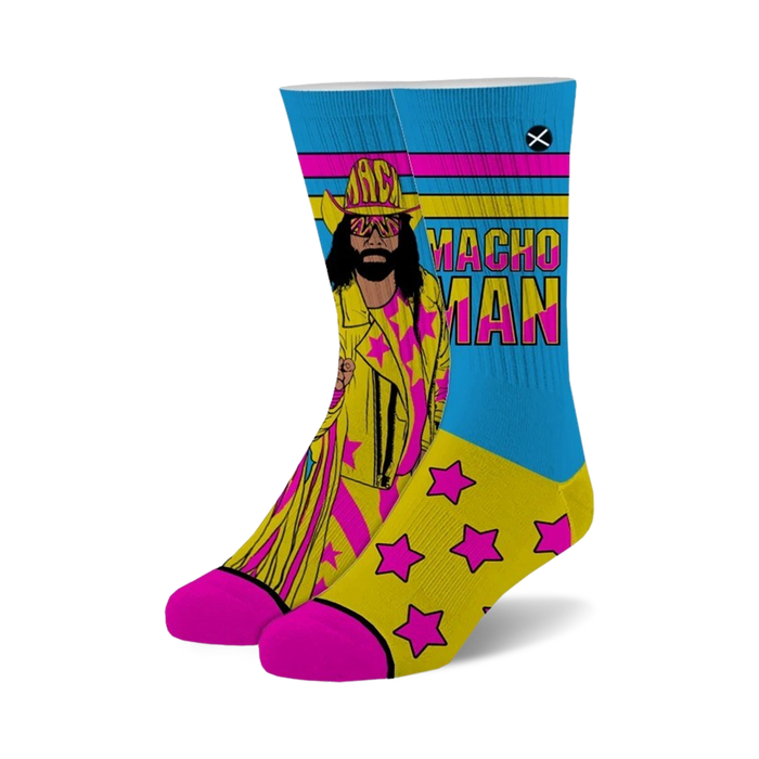 Crew socks in yellow, pink, and blue featuring Macho Man Randy Savage and pink stars. }}