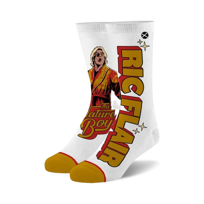 White crew socks with a red and gold Ric Flair design. It features an illustration of Ric Flair in his robe and the text 'Ric Flair' and 'The Nature Boy'. }}