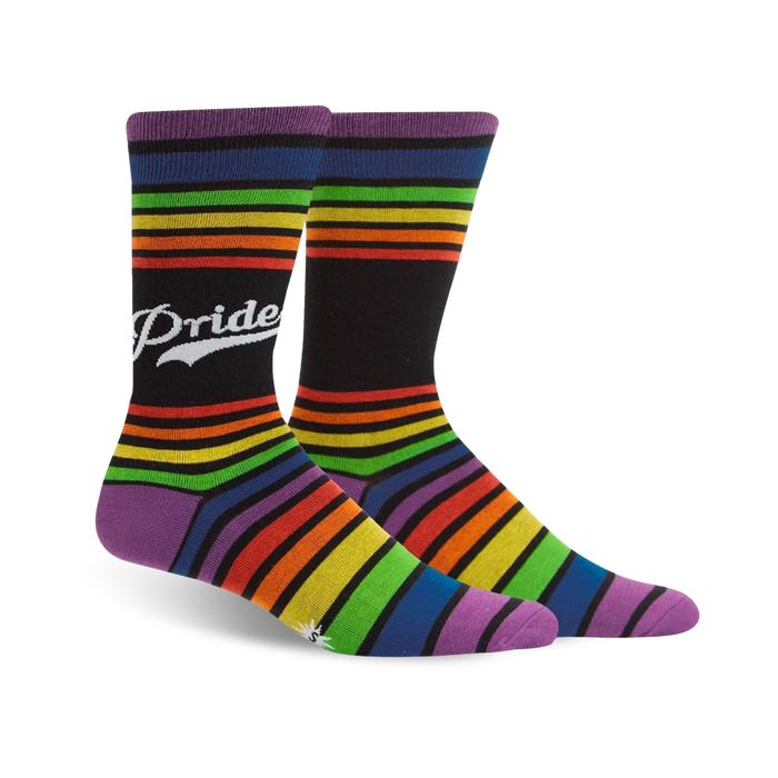 mens crew socks with vertical pride word and rainbow stripes.   }}