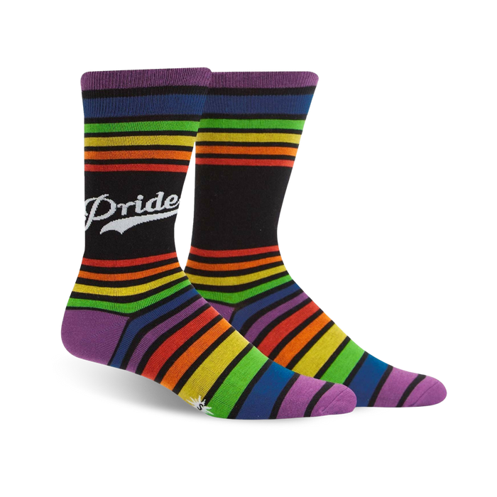 Crew socks in rainbow stripes and black, with a white retro 'Pride' logo on one sock. Purple, red, orange, yellow, green, blue, and indigo stripes. }}