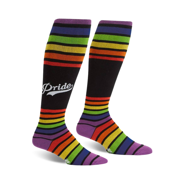 black knee-high rainbow striped socks, available in wide calf, display pride, made for men and women.   