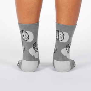 Back view of Head Over Heel socks, highlighting the anatomical design on the back of the socks which includes brains