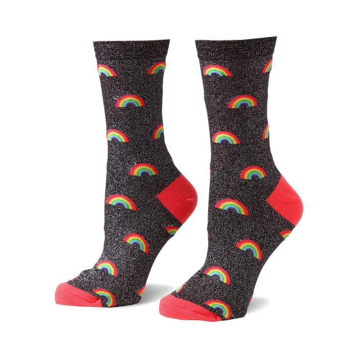 black crew socks for women adorned with a pattern of glittery rainbows.    }}