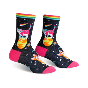 Pair of women's crew socks. Black background with colorful space cats, planets, and rainbow stripe. Pink heel and toe.