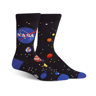 Pair of black crew socks with a blue NASA logo, colorful planets, and stars.