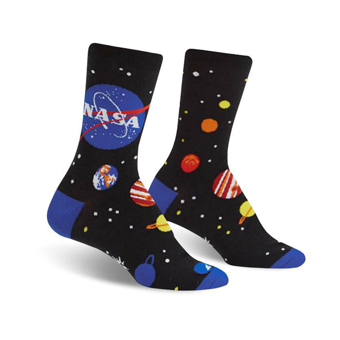 Pair of black crew socks with a colorful solar system design, including planets, stars, and the NASA logo. Blue accents at the toe and heel. }}