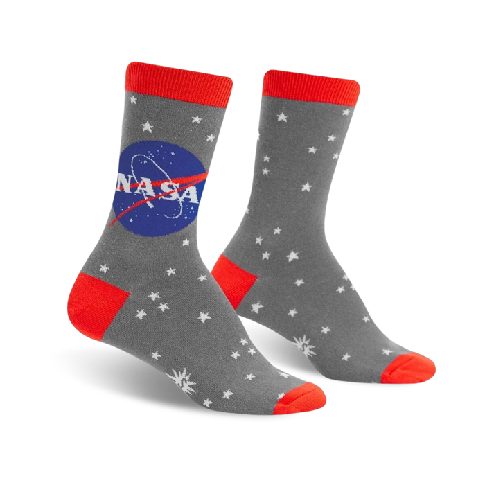 nasa stargazer glow in the dark socks.  grey with red cuff and toe, feature nasa logo and white stars.    }}