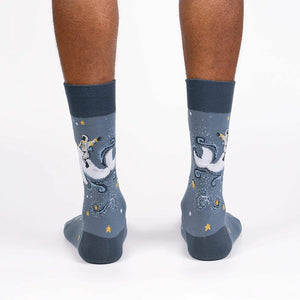 Rear view of the Cosmic Cetacean socks, showing the full design on both socks.
