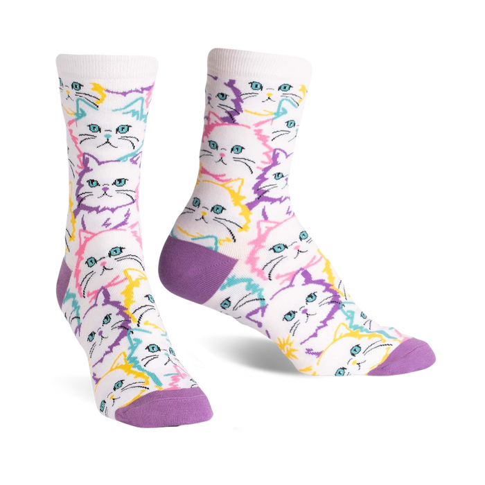  white crew socks with colorful cartoon cat face pattern. perfect for cat lovers.   }}