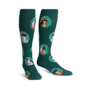 Pair of teal knee-high socks with a repeating pattern of horses wearing hats and glasses in circular frames.