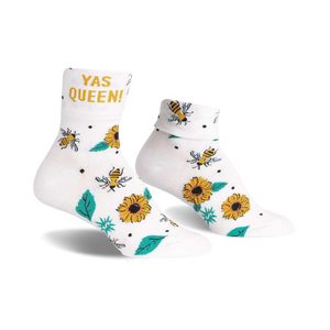 white crew socks with sunflowers, bees, and leaves pattern and 
