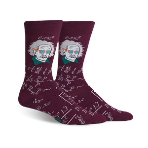 maroon crew socks feature albert einstein sporting blue-framed shades; background includes equations, symbols.  