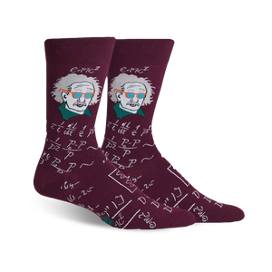 Pair of crew socks; maroon, blue, or black with Einstein's portrait, equations, and quirky sunglasses.