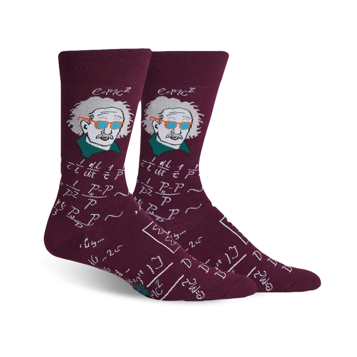 maroon crew socks feature albert einstein sporting blue-framed shades; background includes equations, symbols.  