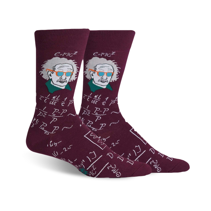 Pair of crew socks; maroon, blue, or black with Einstein's portrait, equations, and quirky sunglasses.