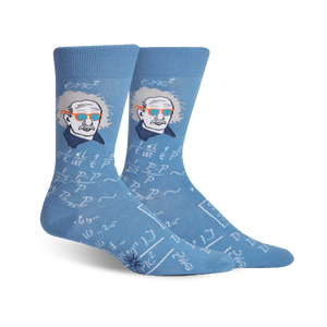 blue crew socks with albert einstein wearing sunglasses and wild hair. equations and symbols in the background.  