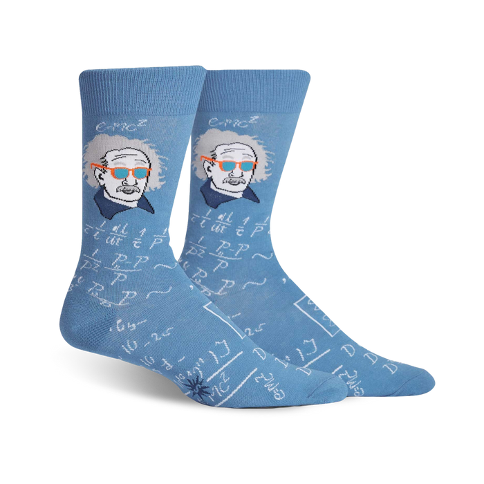 blue crew socks with albert einstein wearing sunglasses and wild hair. equations and symbols in the background.  