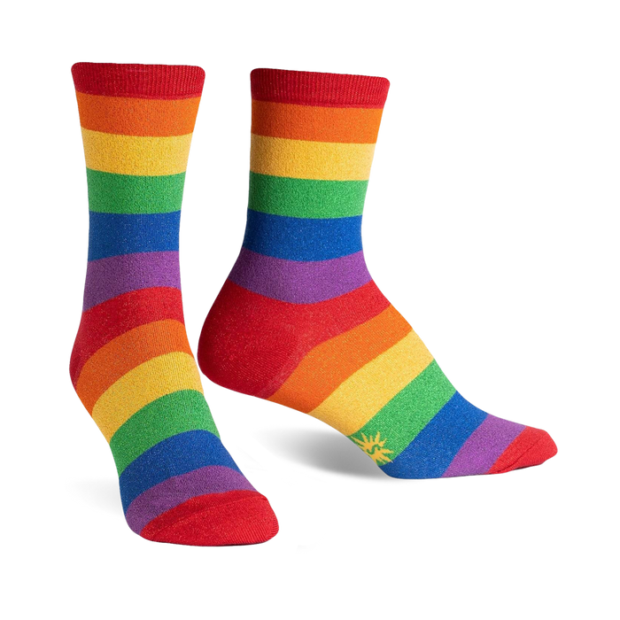 Pair of rainbow-striped crew socks.  Features red, orange, yellow, green, blue, and purple stripes with subtle shimmer.