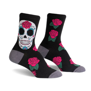 Black crew socks with a colorful sugar skull and pink roses. Grey cuffs add a subtle contrast.
