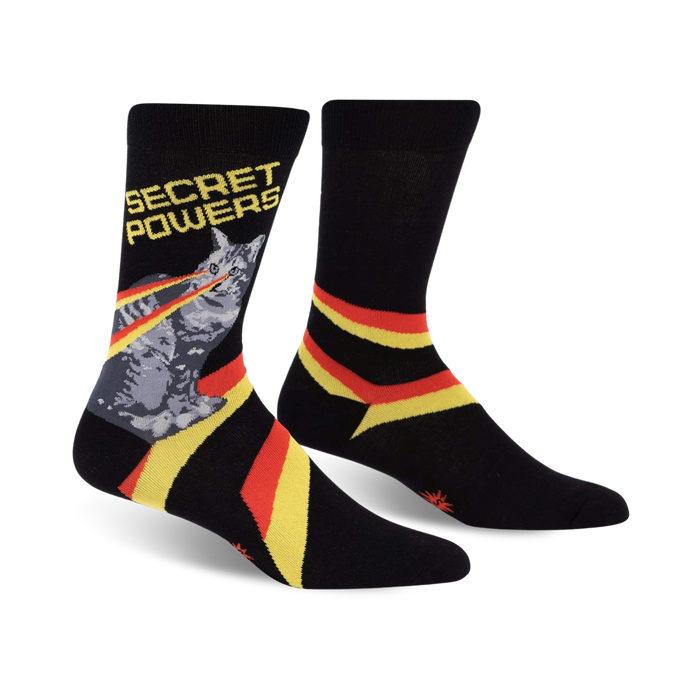 black crew socks with a grey cat wearing a red cape and shooting a rainbow laser beam from its eyes with the words 