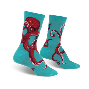 Crew socks in teal featuring a red octopus reading a book.  Fun, quirky design with whimsical details.