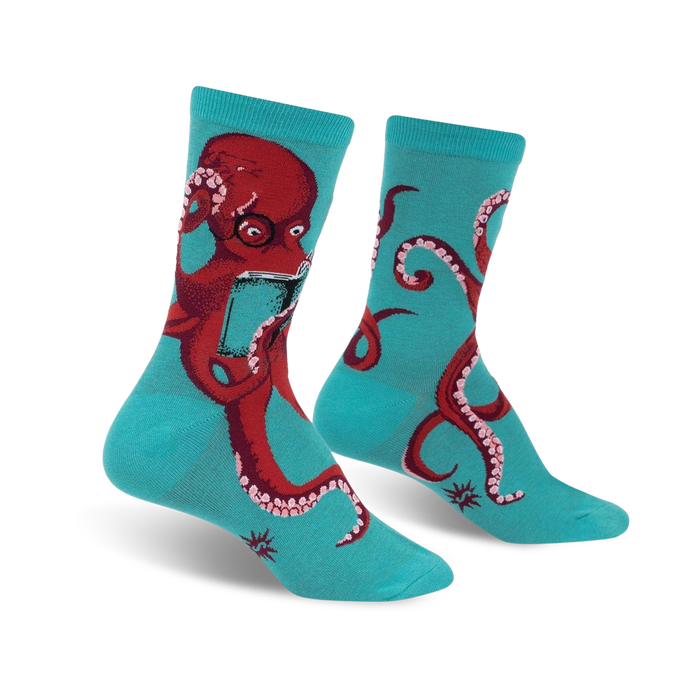 turquoise socks with red octopuses wearing glasses reading books. crew length. for women.   
