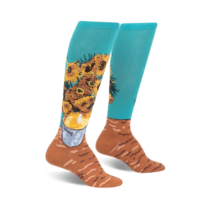 blue and brown sunflower ladies' knee-high socks with floral pattern. art & literature theme.  