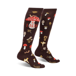 Pair of brown knee-high socks with mushrooms, leaves, worms, and the phrase 'Down to Earth' printed on them.