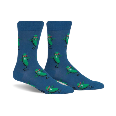 Pair of crew socks, blue with repeating pattern of green dancing pickles wearing sunglasses.
