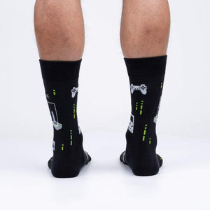 Rear view of the 'Game On' socks on a person's legs, showing the full design from behind.