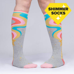 Another lifestyle shot of the 'It's Magic' knee-high socks.  Shows how the socks fit when worn.