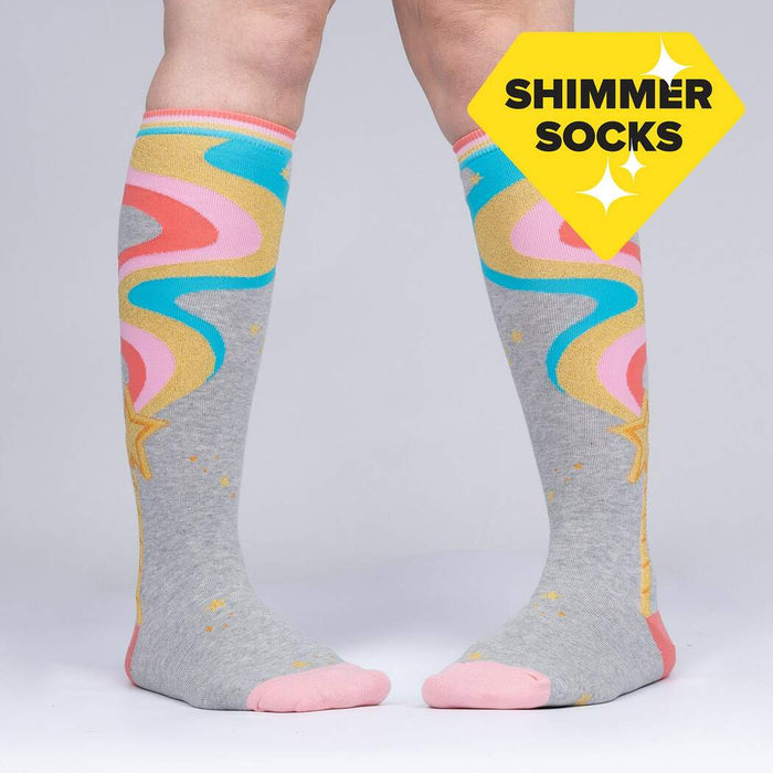 Another lifestyle shot of the 'It's Magic' knee-high socks.  Shows how the socks fit when worn.