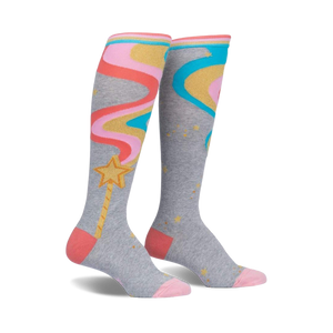 Pair of grey knee-high socks with pink, orange, and teal wavy lines resembling a magic wand with a gold star.  Features gold glitter accents.