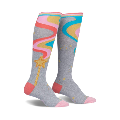 Pair of grey knee-high socks with pink, orange, and teal wavy lines resembling a magic wand with a gold star.  Features gold glitter accents.