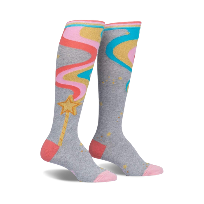 Pair of grey knee-high socks with pink, orange, and teal wavy lines resembling a magic wand with a gold star.  Features gold glitter accents.